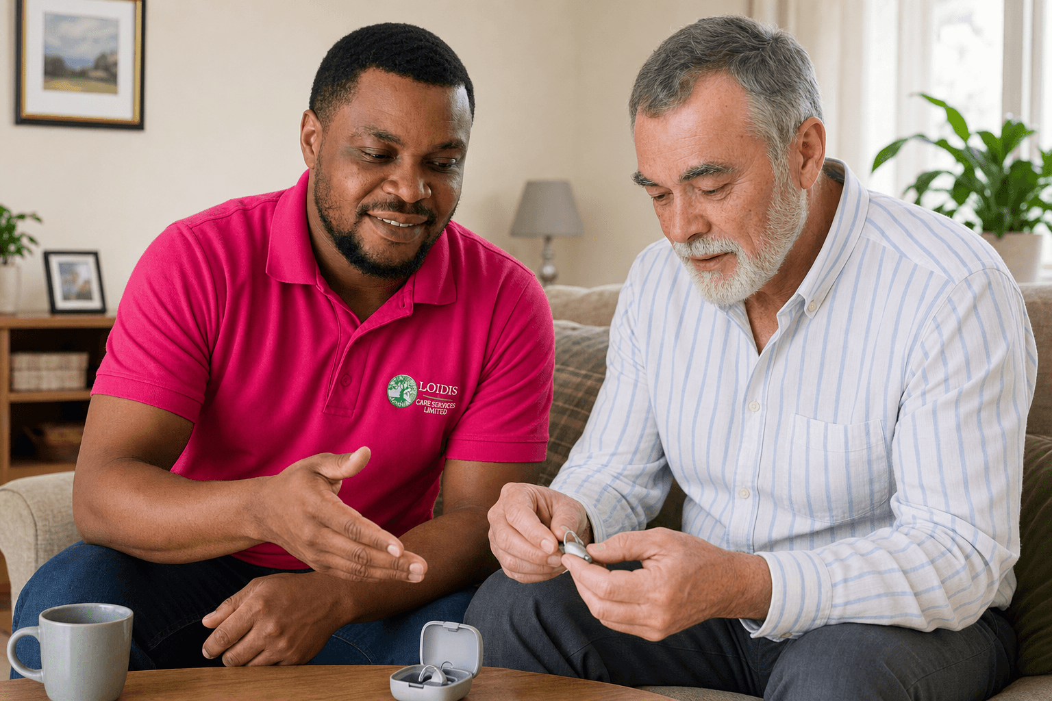 A Loidis carer guiding an older man as he handles his hearing aid